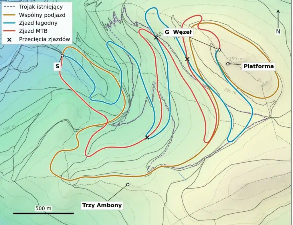 Mapa trzech tras na Trojaku: wspólny podjazd (ochra), zjazd łagodny (turkus), zjazd MTB (czerwony), od startu S przy Stawach Biskupich do węzła G pod platformą widokową